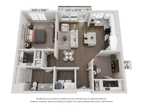 Floor plan for 1 bed, 1 bath, 893 sqft